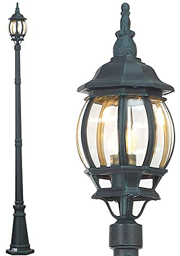 BAKAJI Farola victoriana clásica de jardín de aluminio lámpara farol color gris acabado envejecido verde bronce IP44 E27 (1 luz 200 cm)