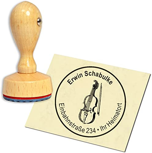 Stempel Adressstempel Holzstempel - Geige - rund ∅ 40mm personalisiert als Firmenstempel Namensstempel Bürostempel