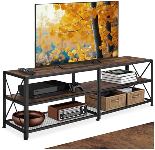 tectake® Industrial TV Lowboard, Fernsehschrank bis zu 60/70 Zoll, Sideboard Wohnzimmer, TV Schrank, Regal Kommode mit offenen Fächern, HiFi Rack - 161 cm, Industrial Holz dunkel, rustikal
