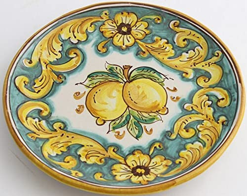 Mittlere sizilianische Keramik Platte gelb und grün Heiliger Stephan von Camastra Handdekoriert Zitronen Art 13