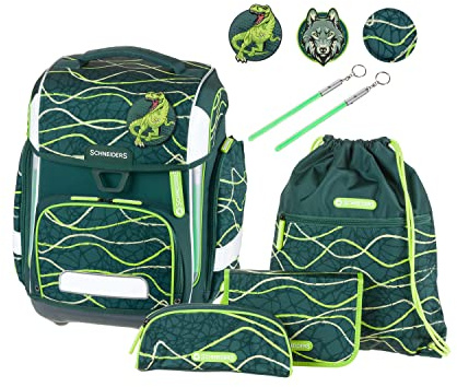 Schneiders Vienna 78396-065 - Schulranzen Ergolite Jurassic, 9-teiliges Set mit Schultasche, Federmäppchen, Schlamper, Sportbeutel, 3 Klett-Motiven und 2 Leuchtstäben