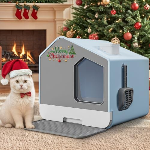 YITAHOME Katzentoilette mit Schaufel - Überdachte Katzentoilette mit Hoher Seitenwand (Blau)