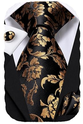 Hi-Tie Men's 70 Extra Long Ties Black and Gold Silk Floral Jacquard Necktie Pocket Square Cufflinks for Wedding Business