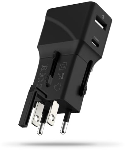 Rolling Square Pocket Travel Charger - Universell nätadapter med USB C och USB A-portar, reseadapter kompatibel med uttag 200 länder, USA, EU, UK, AU, bärbar laddare kraftfull upp till 20 W