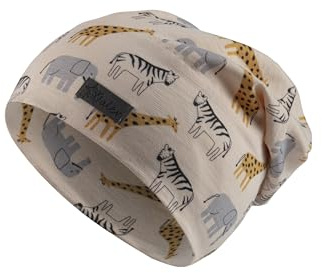 Sterntaler Beanie Safari - Beanie Jungen - Kindermütze mit UV -Schutz 30 mit Safaritieren - Slouch -Beanie aus Flammgarn -Jersey schützt den Kopf vor der Sonne - Leichte Mütze für Kinder - beige, 53