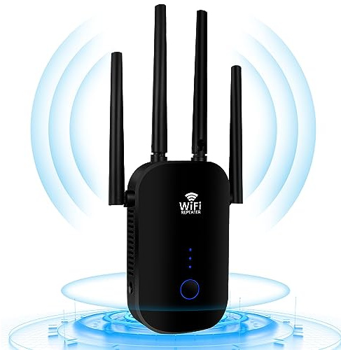 WiFi Extender Booster, WiFi Range Extender 1200Mbps, WiFi Booster Dual Band 2.4GHz & 5.8GHz, Wireless Signal Booster with External 4 * 3dBi Dual-Band Antennas, Internet Booster Up to 3000sq.Ft（Black）