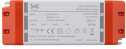 SeKi 24 V DC 50 W 2,08 A, driver LED a tensione costante TRIAC dimmerabile, trasformatore, alimentatore di commutazione; nessun carico minimo, nessun rumore/sfarfallio LED, approvazione MM