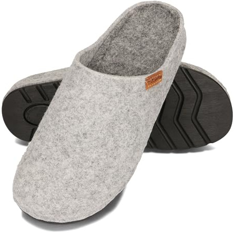 BeComfy Unisex Tofflor av Naturlig Ullfilt Dam Herr Filttofflor med Fotbädd 36-46 EU (Grå, Europeiska skostorlekar, Vuxen, Numeriskt, Medel, 43)