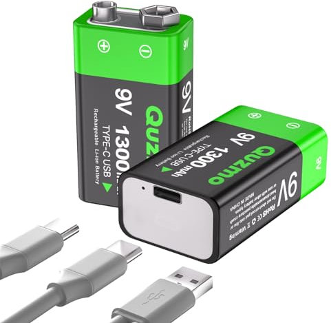 Batterie 9 V ricaricabili, 1300 mAh agli ioni di litio 9 Volt Batterie quadrate, ricarica USB-C con cavo di ricarica 2 in 1 per rilevatori di fumo, multimetri, confezione da 2