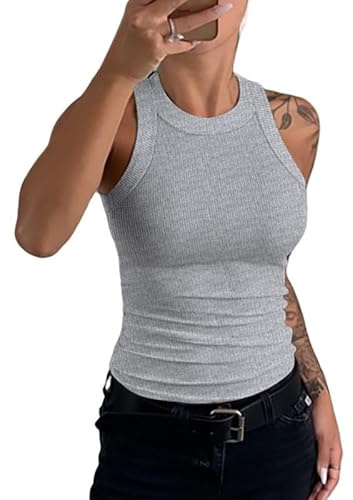 Haibang Damlinne Sommar Tank Sport Sexig Högelastisk Toppar Ärmlös Basic Slim Fit Undertröja Mjuk Andningsaktiv Väst Ledig Skjorta T-shirt Solid Färg, Grå, S