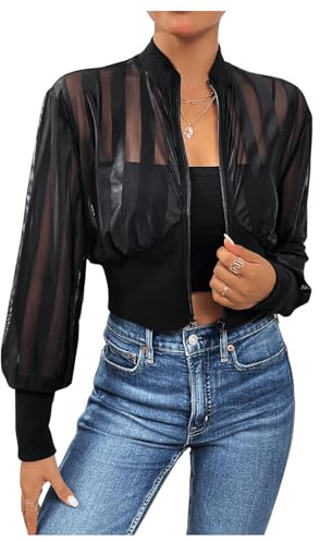GORGLITTER Bomberjacke Damen Leichte Jacke mit Netzstoff Casualjacke Langarm Fliegerjacke Kurz Blouson Jacke mit Zip Up