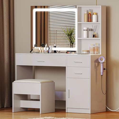 YITAHOME Sminkbord med LED-belysning, 3 färger med justerbar ljusstyrka, sminkbord med spegelstol, sminkbord med lådor, toalettbord med palluttag, stort förvaringsutrymme, vitt