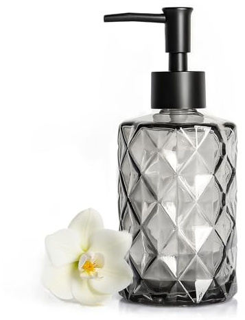 AstraLoom Glas-Seifenspender 330ml - Elegantes Rautenmuster mit Kunststoffpumpe, Nachfüllbarer Seifenspender, für Bad & Küche (Schwarz)
