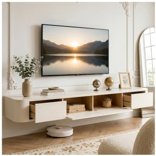KSYGINXD 300cm TV Schrank, TV Lowboard Mit 2 Schubladen, 2 Klappe,TV Board Hängend, Fernsehschrank Für Das Wohnzimmer, Massivholz, Komplett Montier