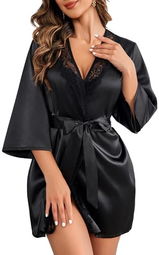 Avidlove Bademantel Damen Kimono Robe mit Gürtel Leichter Morgenmantel V-Ausschnitt Nachthemd für Braut spitze Nachtwäsche Schwarz S