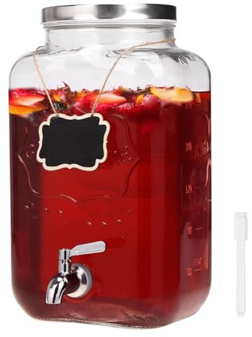 Moretoes Dispensador de bebidas de vidrio para fiestas, dispensador de bebidas de 2 galones para jugo y té helado, dispensador de jarra de agua para limonada, jarra de bebidas esencial para fiestas