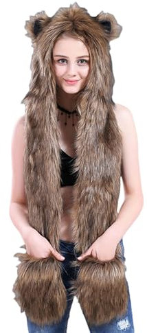 XANHOY 3in1 Plüschmütze für den Winter, warmer Pullover, Schal, Handschuhe, Mütze, Rollenspiel, Kostüm, Mütze, Unisex, Trappermütze für kaltes Wetter, Grasgelber Fuchs, Suitable for head 55-60 cm