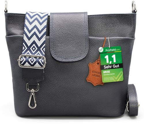 Brise Art ELLIE Damen Umhängetasche Echtleder Handgefertigt Crossbody Bag | [Test SEHR GUT, Note 1.1], Echtes Leder, Schultertasche mit Ledergurt & wahlweise gemustertem Riemen, 6 Fächer, Made in Italy