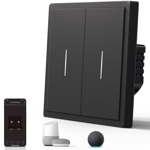 BSEED Smart Light Switch,WiFi Mate Wall Switch with Led Indicator,Remote Control,Voice Control,Timer Function,2 Gang 1 Way,Black 86mm