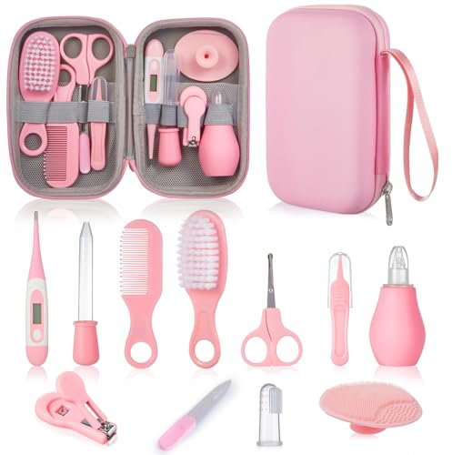 12pcs Baby Healthcare and Grooming Kit, Newborn Essentials Stuff, Baby Safety Health Nursery Care Set with Nail Files Clippers, Hair Brush, Comb and More for New Born Infant Toddlers Boys Girls - Pink