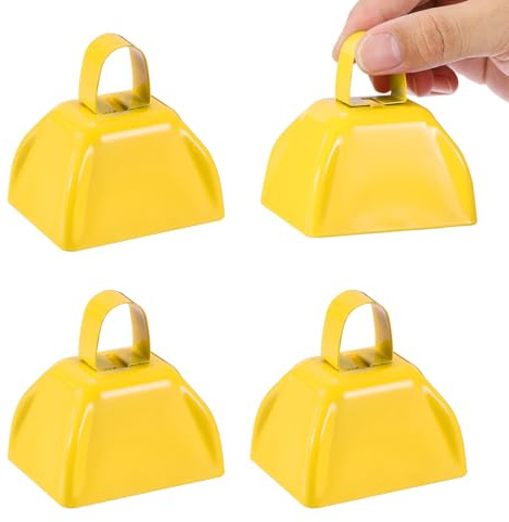PATIKIL 4 st koklockor för fotbollsmatcher, 7,6 cm koklockor för sportevenemang bulk högt buller tillverkare metall koklocka med handtag för hejar tävling maraton bröllop, gul