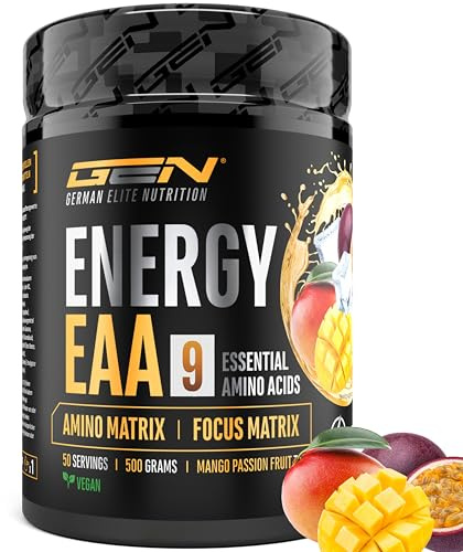 EAA Energy Mix - 500 g - Amino Matrix + Focus Matrix - Bevanda energetica senza zucchero - Con caffeina, taurina, guaranà, N-acetil-L-tirosina - Pre Workout Booster - Vegan (Mango Passion Fruit)