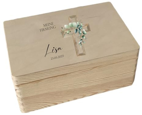 minimutz Holzkiste Geschenk Firmung, Personalisiertes Firmgeschenk Mädchen Junge, Erinnerungskiste aus Holz, Aufbewahrungsbox M (30x20x14 cm) (Kreuz)