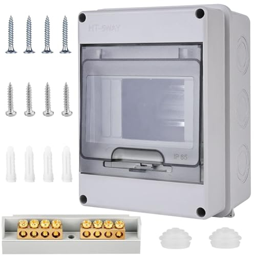 Luthando Sicherungskasten Aufputz, Verteiler IP65-1 Reihig-5 Module, IP65 Wasserdicht Verteilerkasten mit Messingklemmen, für Garten oder Außenbereichen Elektrik, Villen, Ladesäulen