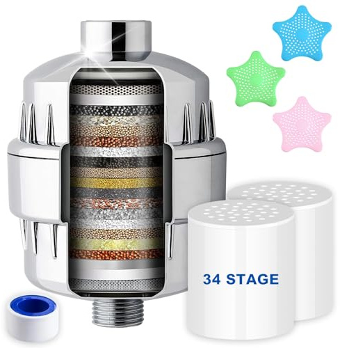 RUVVDR 34 Stufen Duschfilter mit Vitamin C für hartes Wasser Shower Filter mit 2 Pcs austauschbarer Mehrstufen Kalkfilter Dusche Wasserfilter Dusche-Duschfilter Gegen Kalk und Chlor