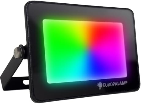 Europalamp - Proyector LED RGB 100 W Multicolor - 8697 Lumens, IP65 impermeable, iluminación exterior con mando a distancia, foco LED para jardín, terraza, fiesta, fachada