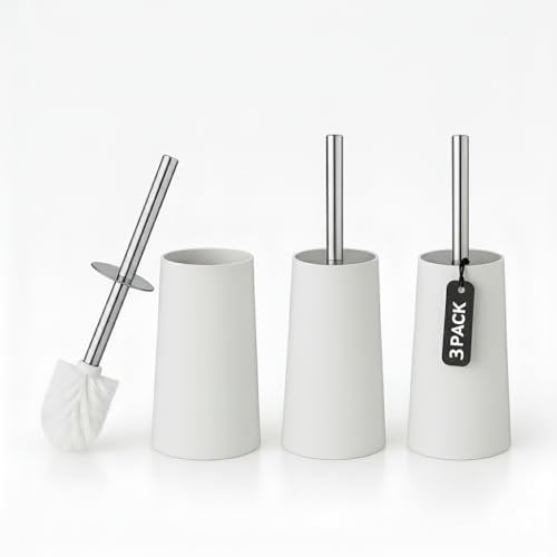Toilet Brush & Holder | Modern Loo Brush and Holder set with elegant design | Toilet Cleaner Brush with Stainless Steel handle | Compact and efficient Toilet Brush set. (3, White)