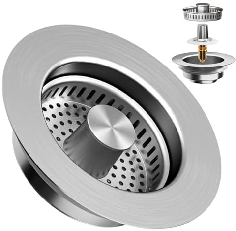Küche Abflusssieb, 3-in-1 Pop-Up Edelstahl Abflussstopfen mit Spülbecken Sieb und Kupferkern, zum Filtern von Speiseresten, Spülbecken Sieb für Spülbecken Bohrung 75–87 mm, Tiefe > 37 mm