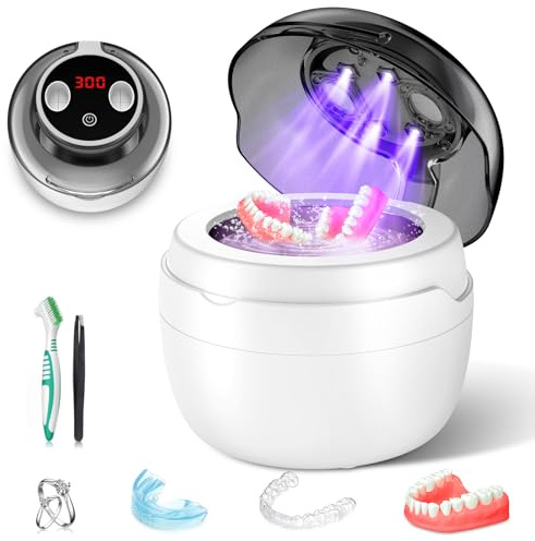 Pulitore Ultrasuoni 50000Hz Ultrasonic Cleaner, 250ML Pulizia Bite Dentale con 4 Luci Automatiche di Pulizia UV per Apparecchio Denti, Protesi Dentali, Maschere Denti, Gioielli