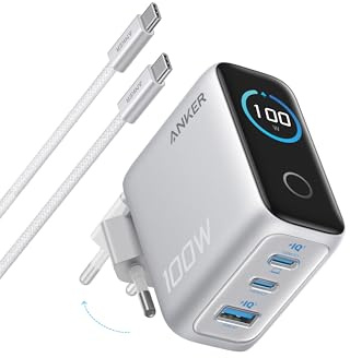 Anker Charger, 100W Max USB-C laddningsblock, kompakt 3-portars GaN-väggladdare, smart display, pekskärm, för MacBook, iPad, iPhone 17/16/15-serien (USB-C-kabel ingår) (silver)