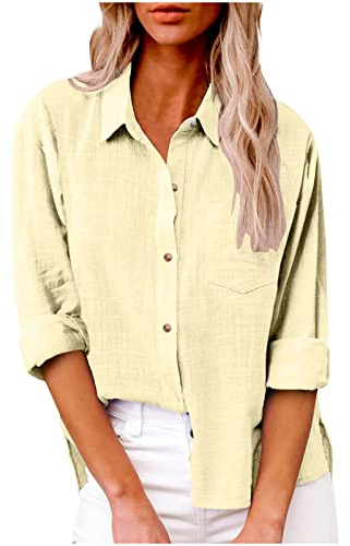 Chemisier Femme Chic et Élégant Chemise en Lin Femme Chemisiers et Blouses Haut Décontracté Tshirt Manche Longue Couleur Unie Tunique Blouse Grande Taille Respirant Vetement Loose Liquette