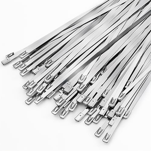 ZhouWei 100 st Buntband i rostfritt stål, 200 × 4,6 mm silver självlåsande metallklämmor UV-beständiga metallband, för ihåliga buntar trädgårdsskötsel och solskydd