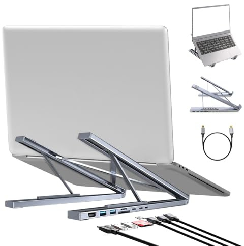 Laptop Stand,Folding Tablet Stand,Adjustable Height and Angle,with USB C 7in1 Docking Station,HDMI 4K,2*USB3.0,1*SD,1*USB C,100W PD,Foldable Computer Stand,Compatible with MacBook Pro/Air,iPad Pro,XPS
