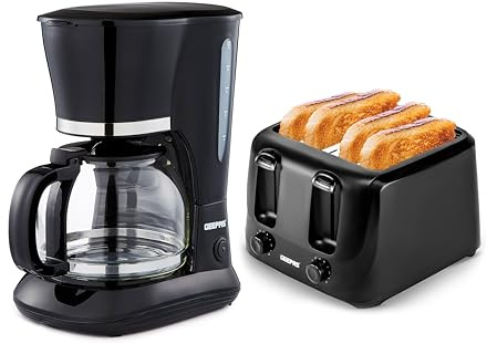 GEEPAS 1.5L Filter Coffee Machine & 4 Slice Toaster Kitchen Set Black | 800W Coffee Maker, Boil-Dry, Anti-Drip, Automatic Turn-Off Feature, 1400W Toastie 6 Level Browning, Crumb Tray, Cancel