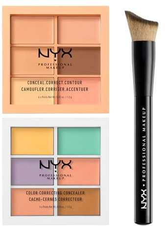 NYX Professional Makeup Concealer-Palette Colour Correcting 6 Farbtöne + Conceal Correct Contour Concealer Creme Unvollkommenheiten und Konturen 01 Light + Gesichtspinsel Total Control Drop - Set mit