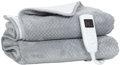 HOMCOM Electric Heated Blanket Throw 140 x 160cm with Dual Controllers, Machine Washable Heated Throw Blanket with Ultra Soft Velvet-Feel Fabric, 5 Heating Levels, 10 Hour Timer, Grey