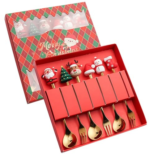Cucchiai e forchette natalizi Set 6 pezzi Babbo Natale, cucchiaini da tè con renna e forchette da dessert Decorazioni per mescolare in acciaio inossidabile per la festa di Natale, confezion