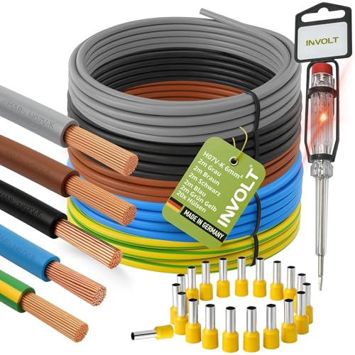 INVOLT H07V-K kabelkabel 6 mm² set, 5 x 2 m kabel, 20 ledarändhylsor, fastestare