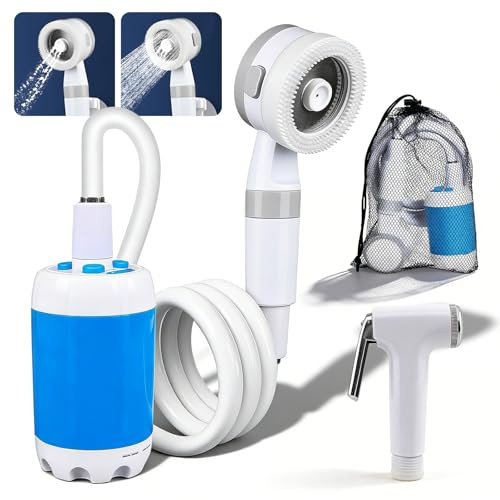 Douche de camping portable avec pompe rechargeable, douche de camping avec pompe, pommeau et tuyau de 2 m, jet haute pression, douches mobiles de plein air, douches extérieures pour lavage de voiture