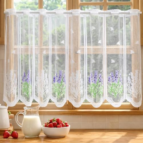ZKFSIE Drop Lace Cafe Curtains for Small Kitchen Windows, Lavender Pattern, Short Rod Pocket for Kitchen Bathroom Cupboard Sink Basement Half Window, 1 Piece 153x48 cm, Cafe Net Design