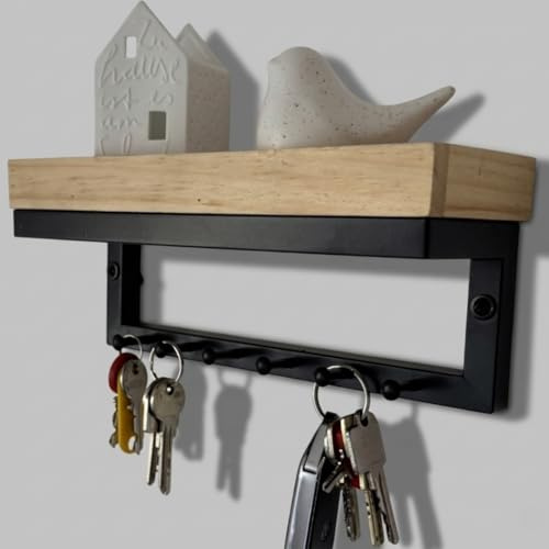Schlüsselbrett mit Ablage aus Holz und Metall - 24,5cm - Modernes Schlüsselbrett für den Flur mit 5 Haken - Schlüsselhalter Wand - Schlüsselboard mit Ablage - Schlüsselablage für Schlüssel und Anderes