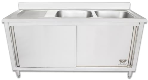 Beeketal 'GSB180-Duo' Edelstahl Spülschrank mit 2 Spülbecken (rechts) und Abtropffläche (links), Unterschrank mit Rollentüren, Aufkantung und justierbaren Stellfüßen, (B/T/H): ca. 1800 x 600 x 940 mm