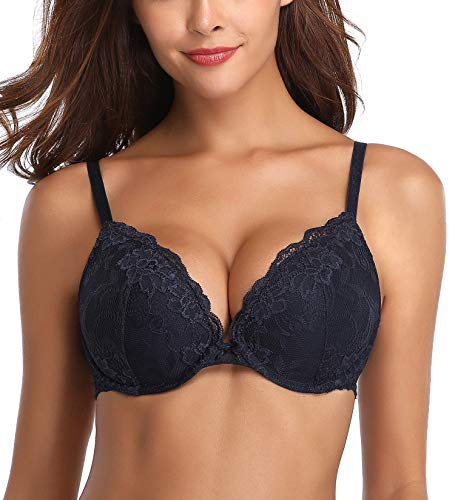 Deyllo Damen Push Up BH mit Blumen Spitze Schalen Bügel BH Gepolstert Elegant(Dunkelblau,75C)