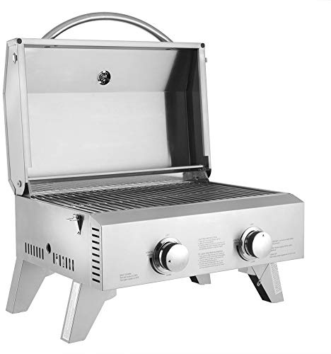 ROVSUN Portable Gas Grill with 2 Burner, 20,000BTU Large Tabletop Camping Propane Griddle for Outdoor Patio Garden BBQ Picnic Tailgating Trip Home Use with Stainless Steel Body, Regulator & Hose