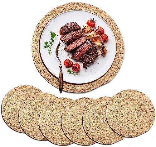 DAJAMAI Juego de 6 manteles individuales redondos tejidos, platos de carga de jacinto de agua natural de 13.8 pulgadas, antideslizantes, manteles individuales de mimbre trenzado de paja para mesa de