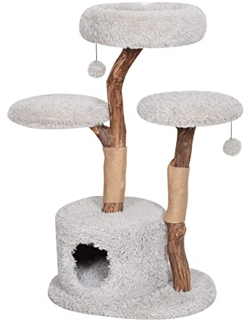 Dehner Premium Katzen-Kratzbaum Lovely | Aufsteigen & Abschalten | Katzenbaum, Kuschelhöhle | für große und kleine Katzen | Holz, Plüsch, Sisal | stabil, modern | hellgrau | ca. 110 x 60 x 45 cm